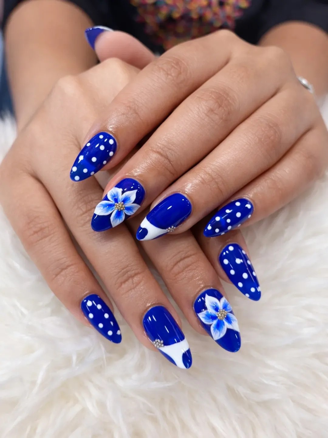Vibrant Blue Floral Polka Dot Almond Nails