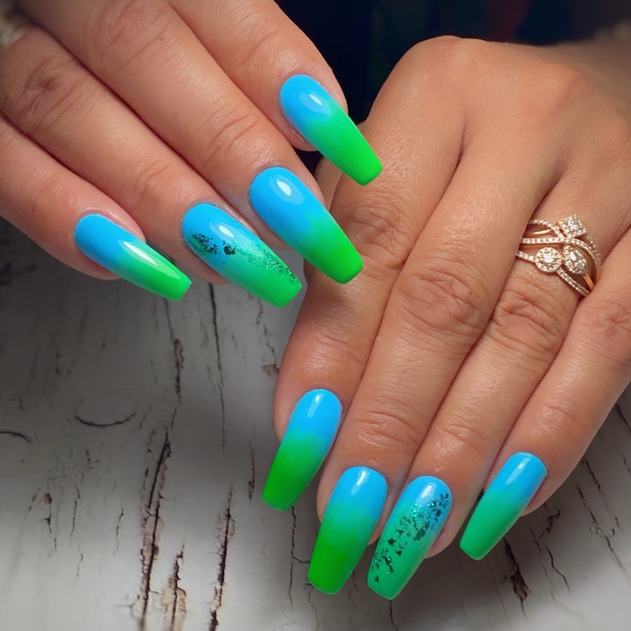 Vibrant Blue Green Ombré Coffin Nails with Glitter Accents