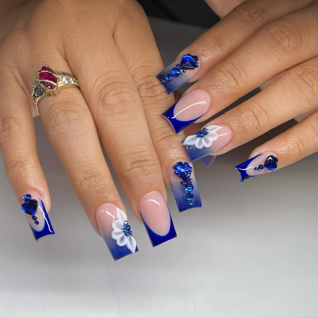 Vibrant Blue Ombre French Tip with 3D Accents