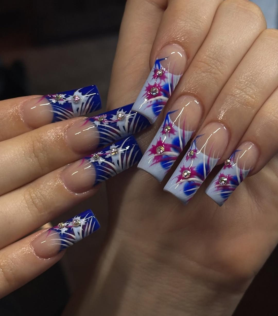 Vibrant Blue Pink White Rhinestone French Square Nails