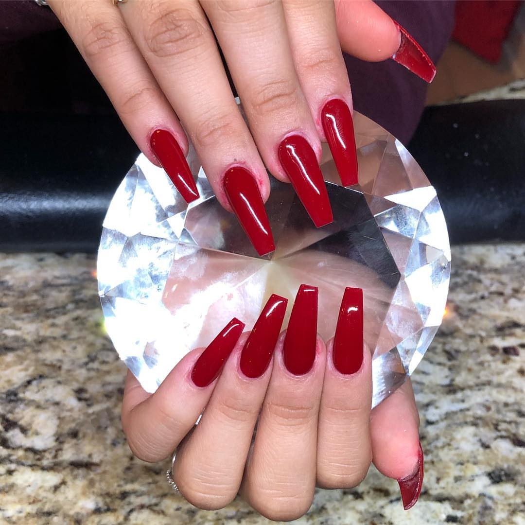 Vibrant Cherry Red Glossy Coffin Nails
