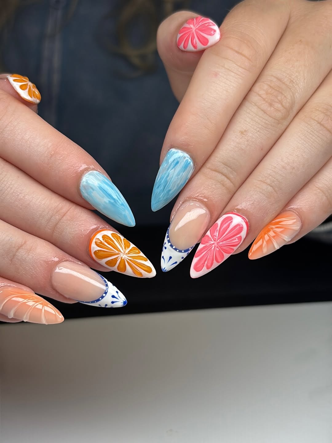 Vibrant Citrus Fruit Swirl Stiletto French Tips