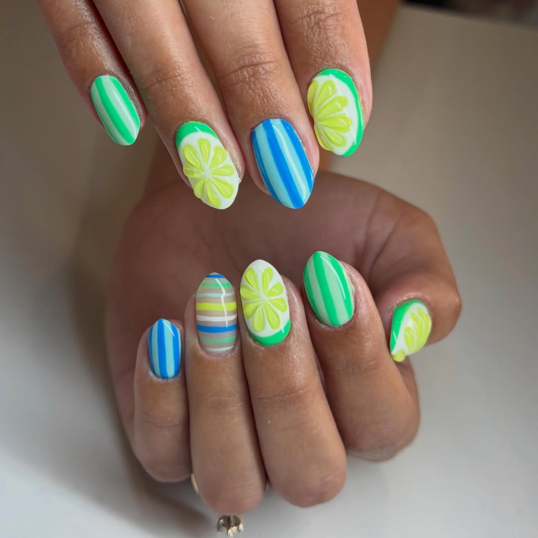 Vibrant Citrus Striped Oval Nails