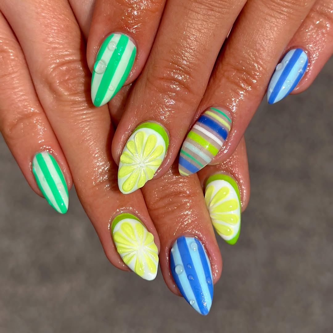 Vibrant Citrus Stripes Almond Nails with 3D Water Droplets