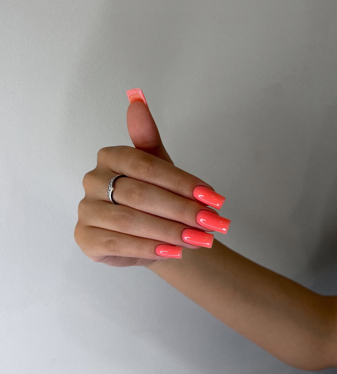 Vibrant Coral Glossy Long Square Nails