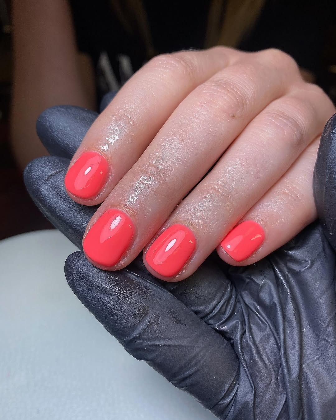 Vibrant Coral Glossy Short Round Nails