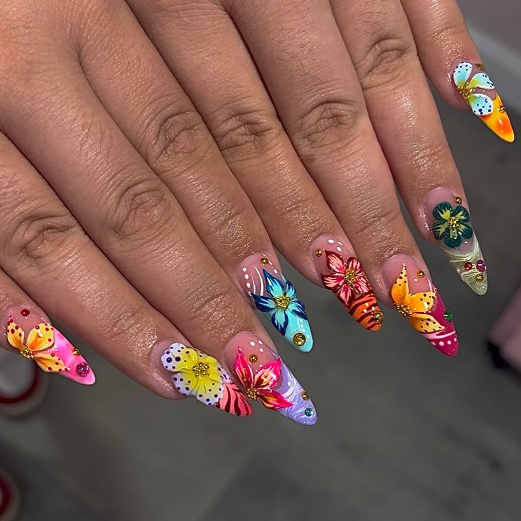 Vibrant Floral 3D Stiletto Nails