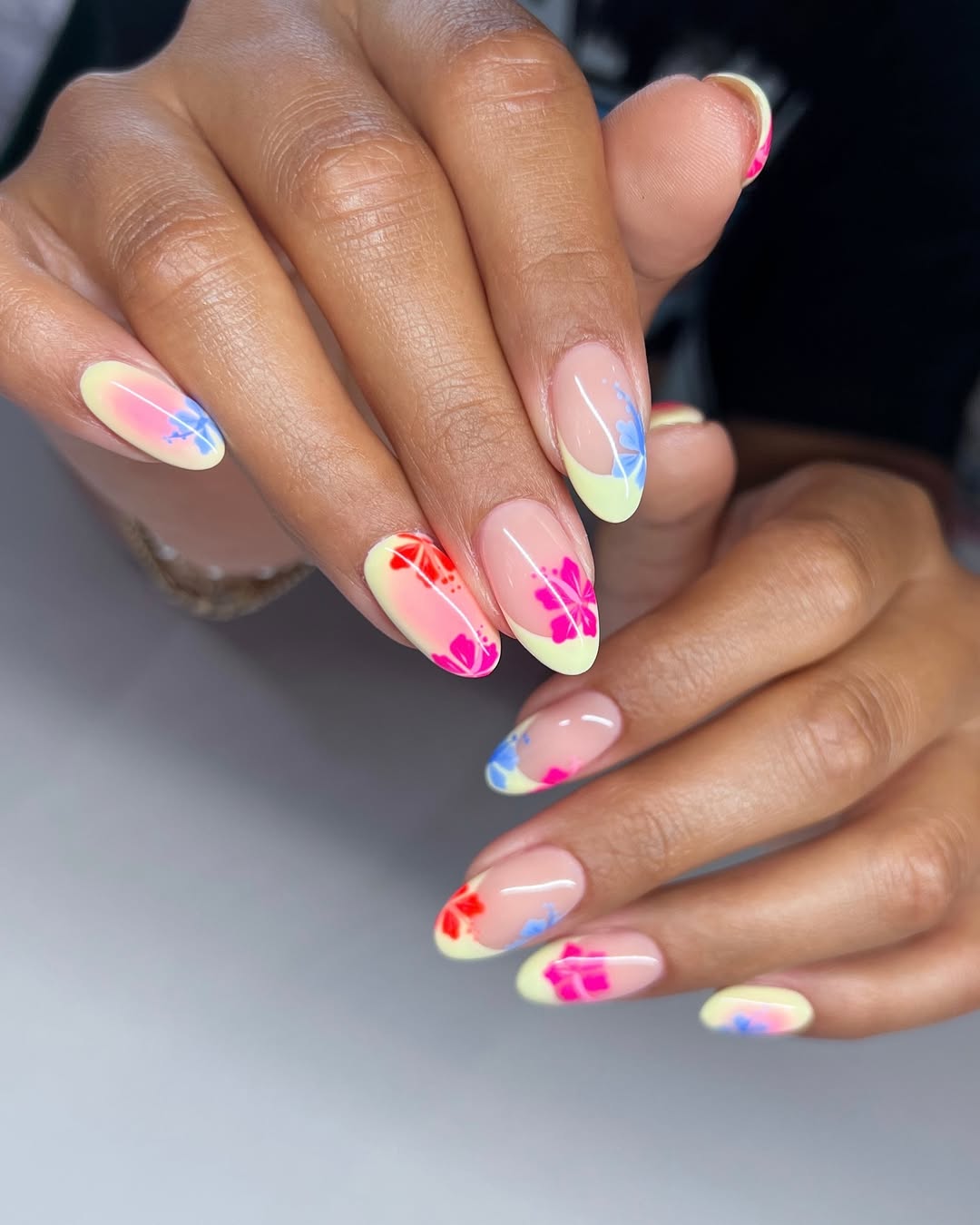 Vibrant Floral French Tips With Neon Accents