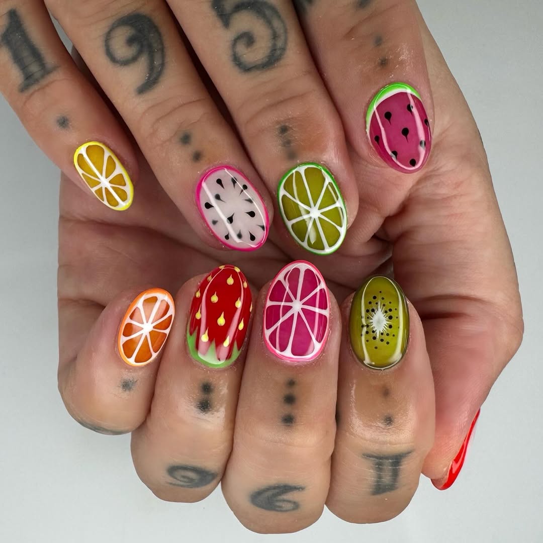 Vibrant Fruit Slice Glossy Oval Nail Art