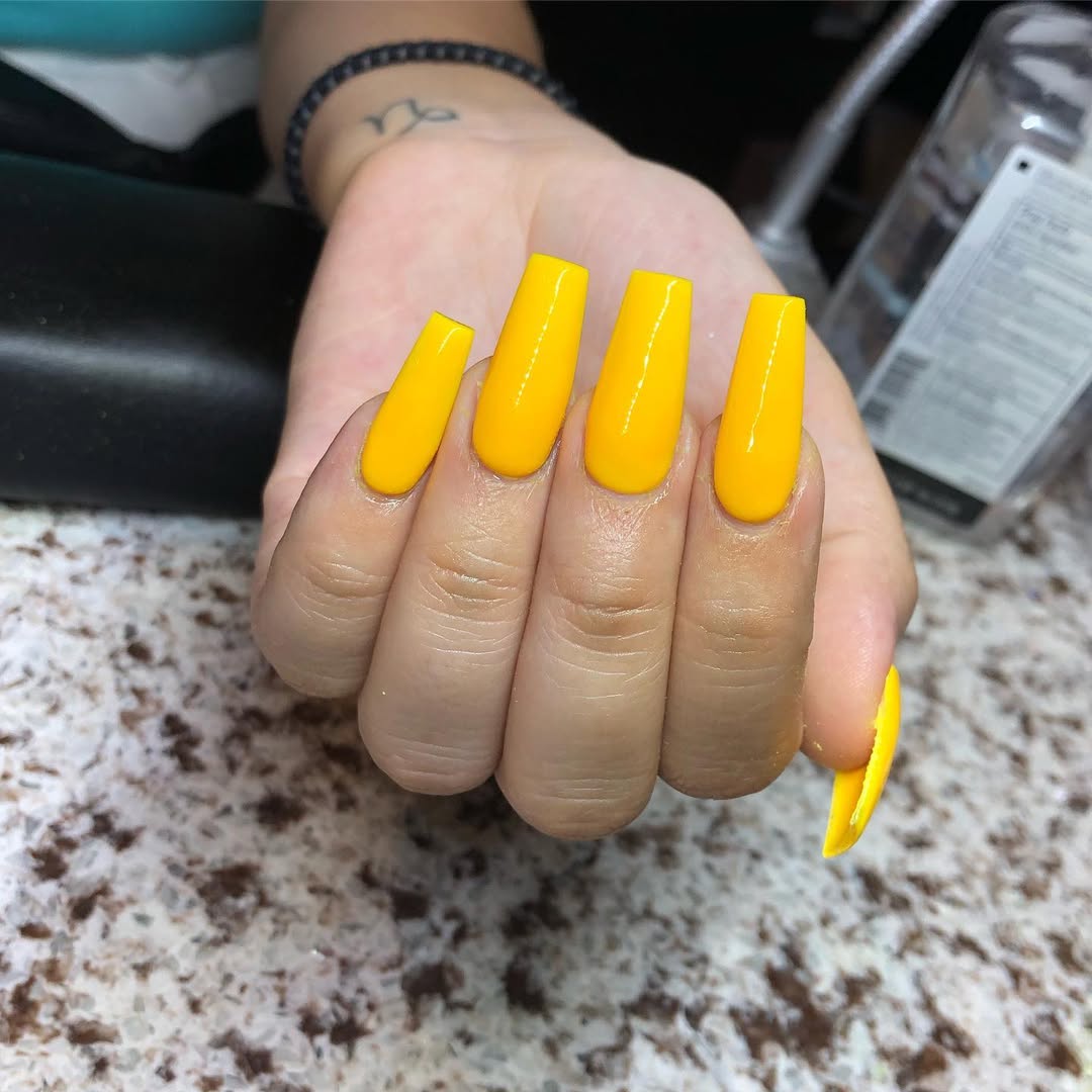 Vibrant Glossy Lemon Yellow Coffin Nails