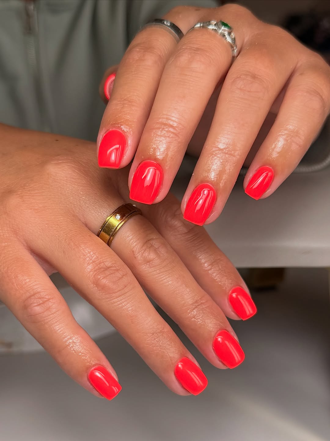 Vibrant Glossy Neon Coral Short Squoval Nails
