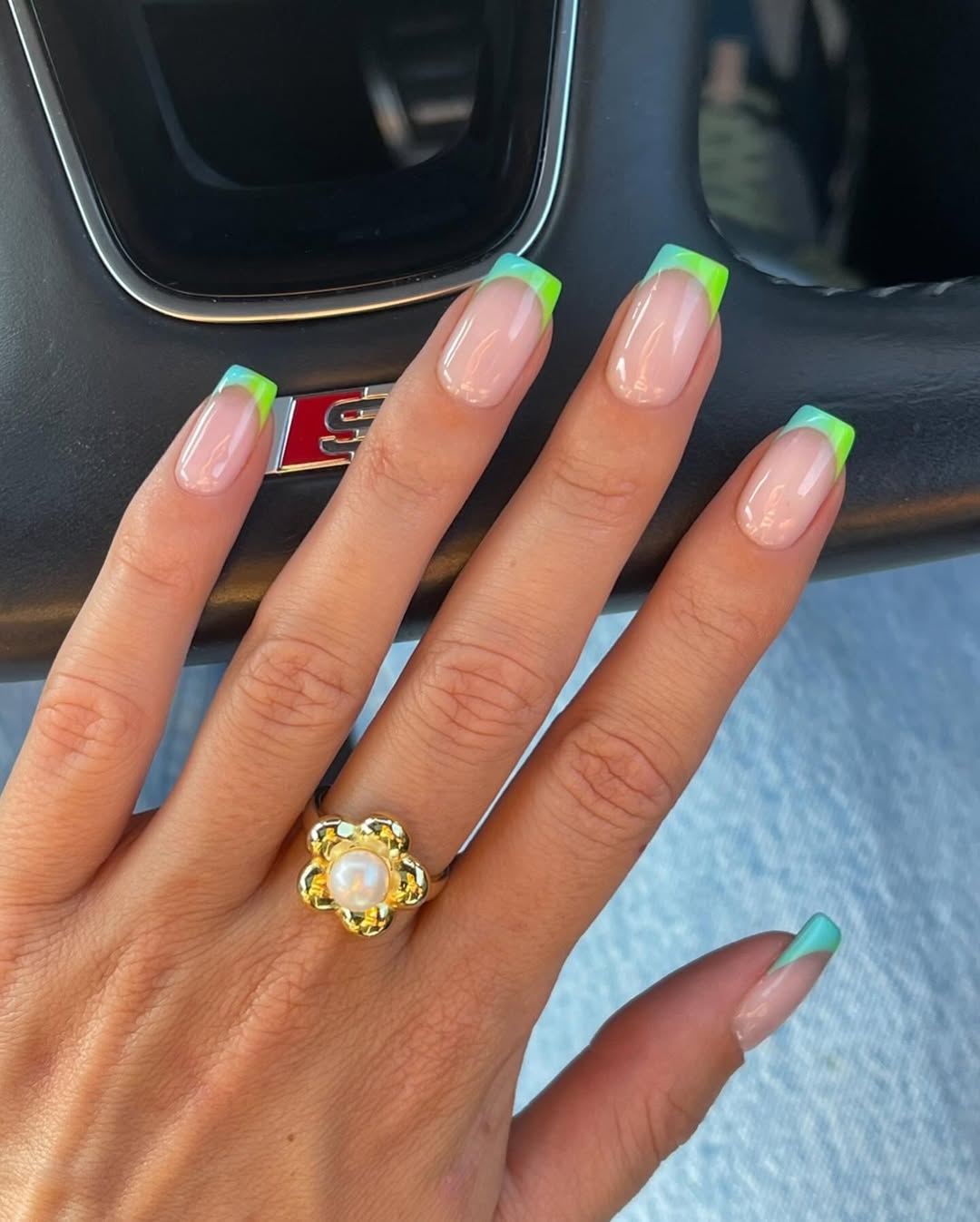 Vibrant Green and Blue Ombre French Tip Nails