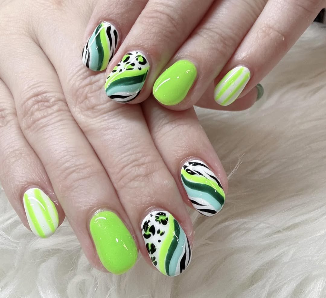 Vibrant Green Animal Print Swirl Summer Nails
