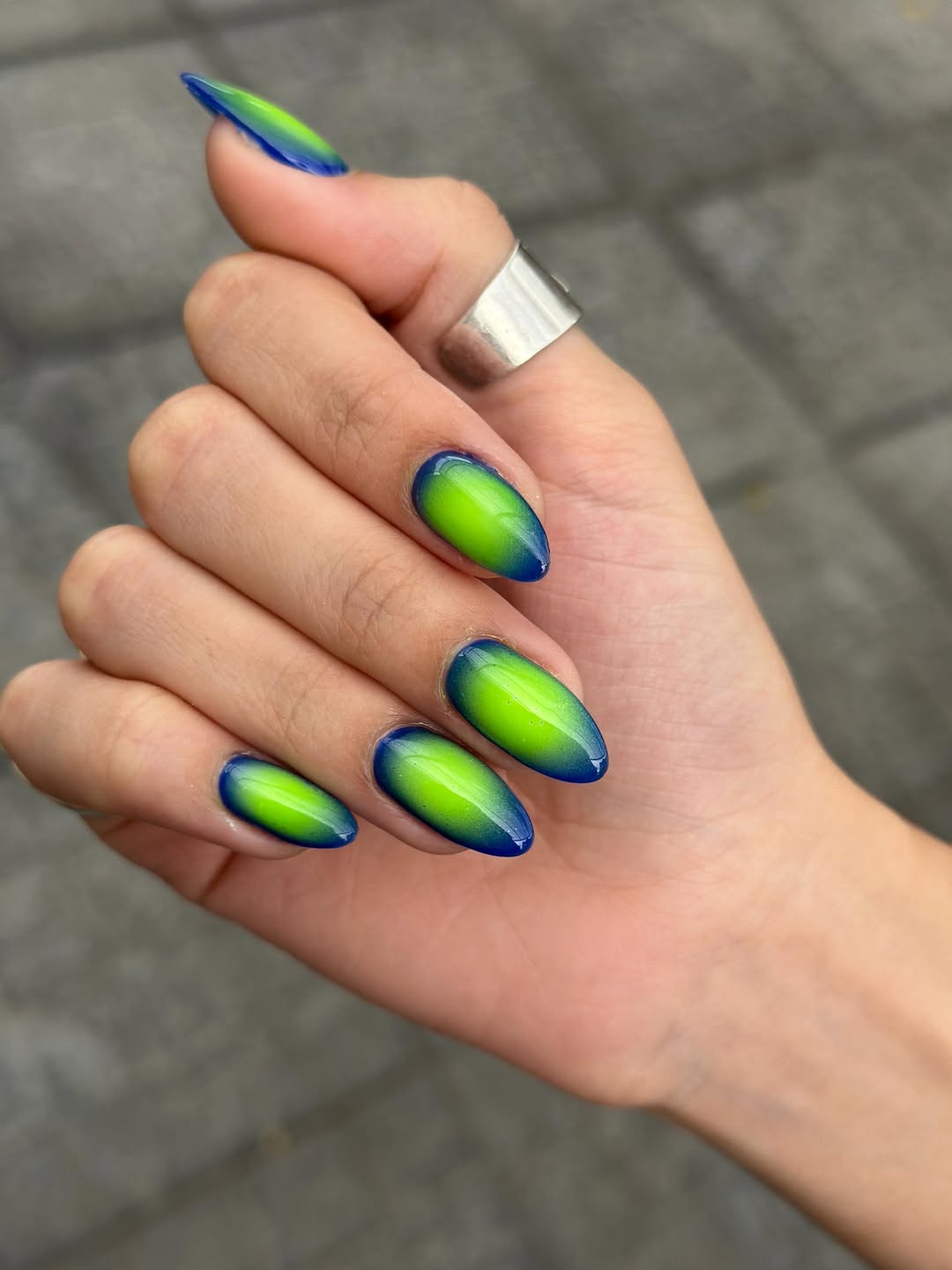 Vibrant Green Blue Ombre Glossy Almond