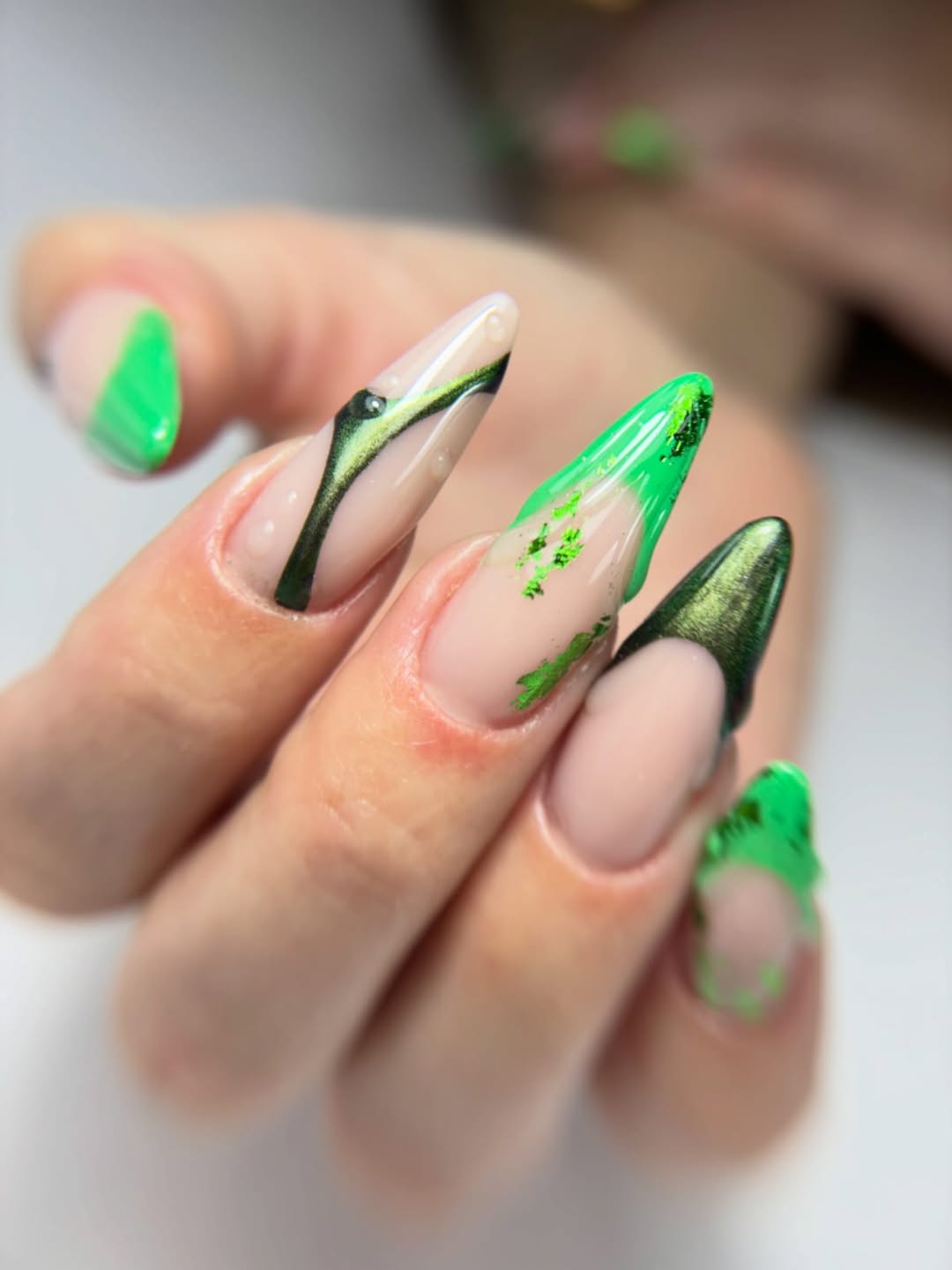 Vibrant Green Cat Eye Stiletto French Tips