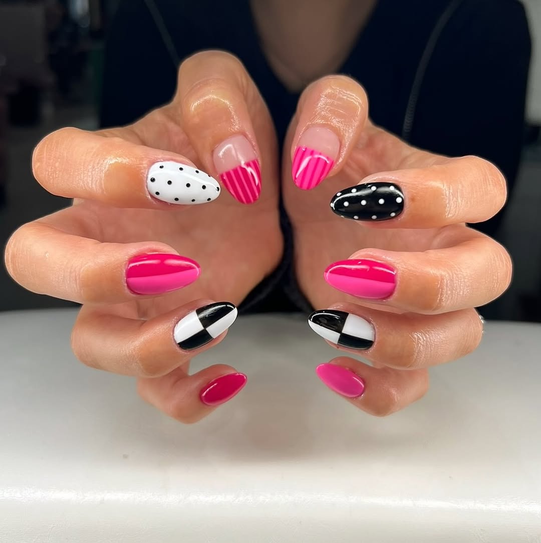 Vibrant Hot Pink Checkerboard Polka Dot Nails