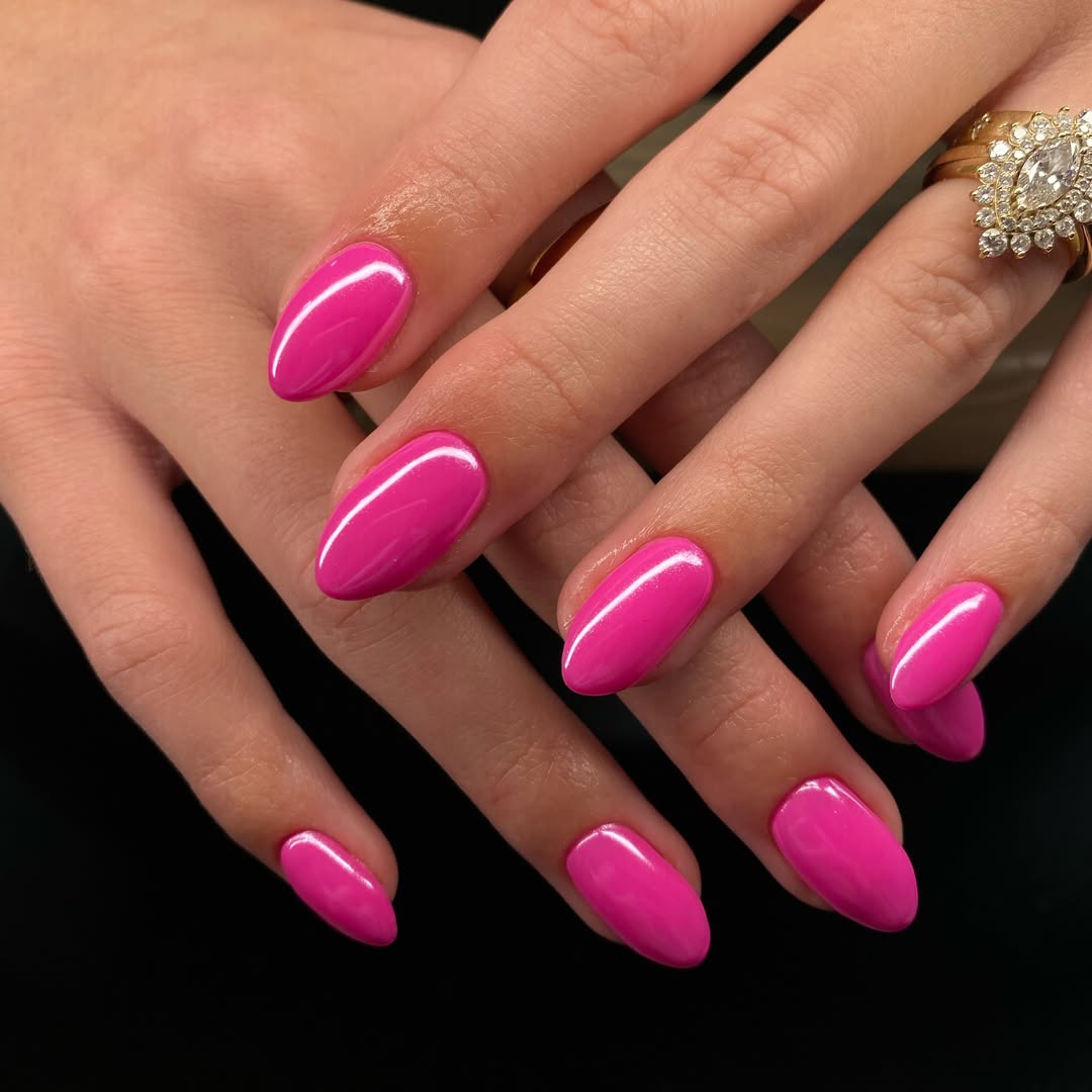 Vibrant Hot Pink Glossy Oval Nails