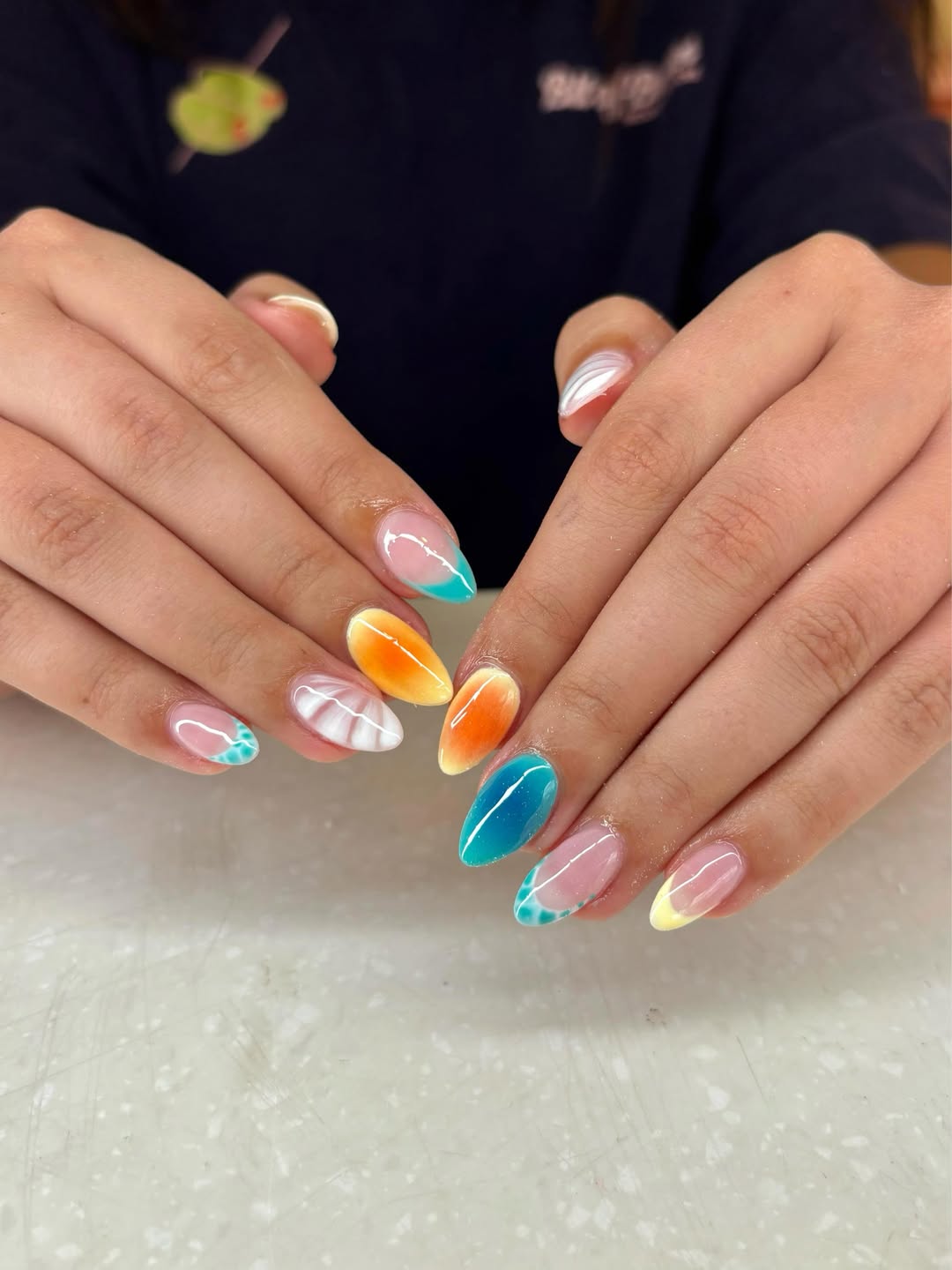 Vibrant Jelly Swirl Almond Summer Dip Nails