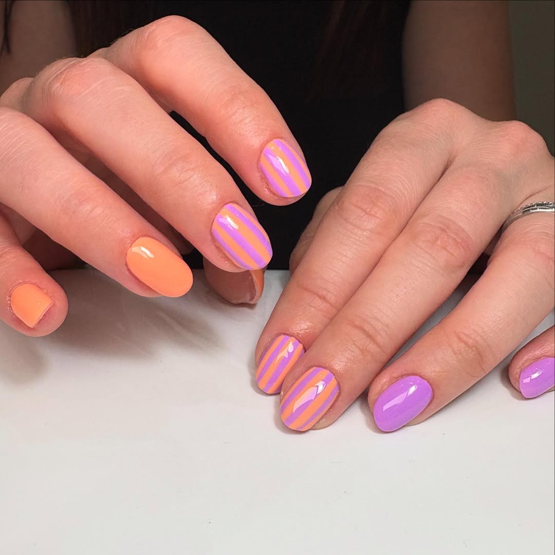 Vibrant Lilac Orange Striped Round Glossy Nails