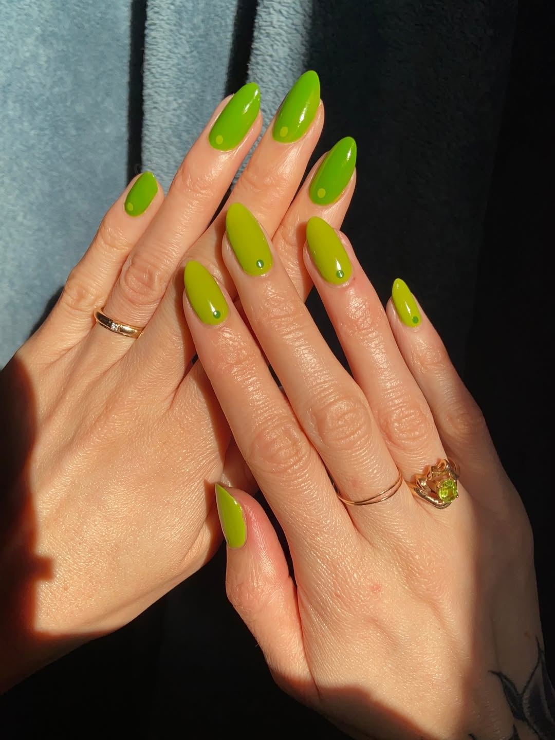 Vibrant Lime Green Almond Nails with Minimalist Dot Details