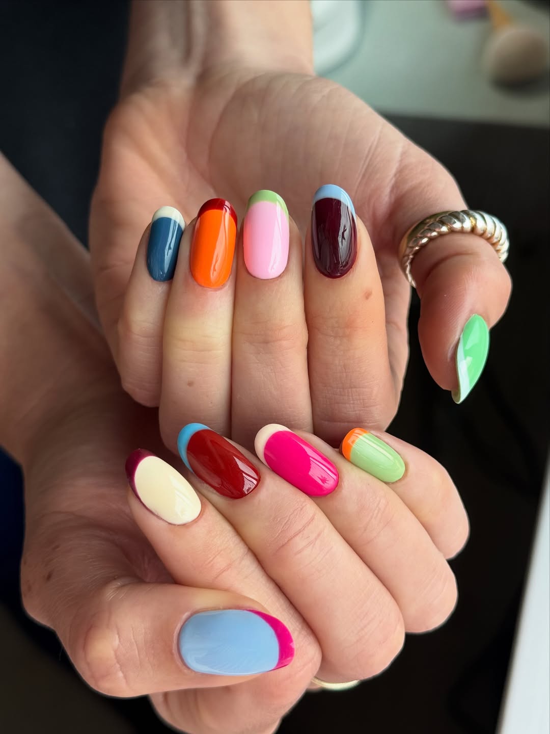 Vibrant Mismatched French Tip Squoval Summer Nails