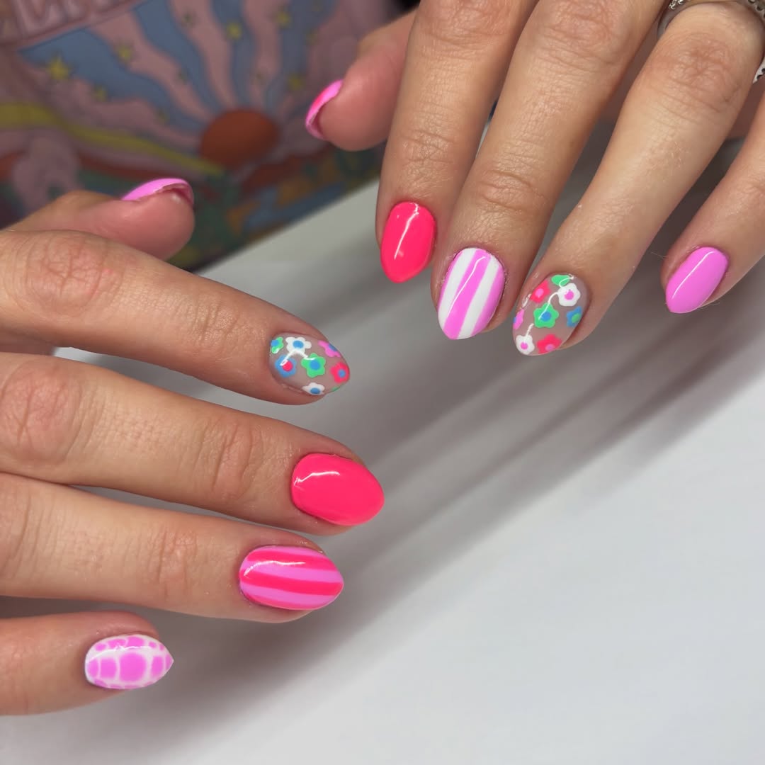 Vibrant Mix-and-Match Floral and Stripe Summer Nails