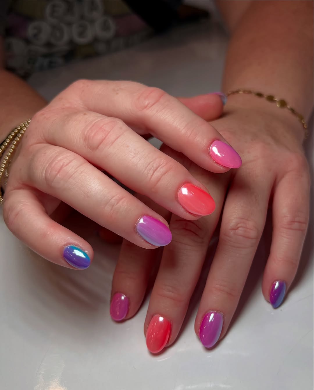 Vibrant Multicolored Chrome Oval Summer Nails