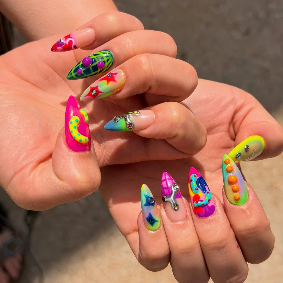 Vibrant Neon 3D Nail Art With Chrome Charms