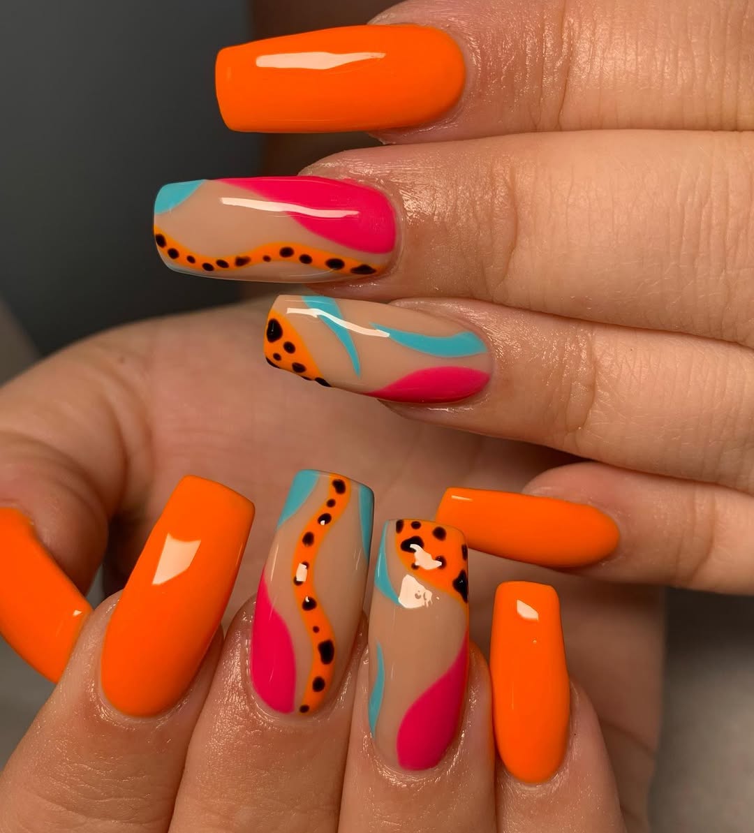 Vibrant Neon Abstract Swirls Long Coffin Nails