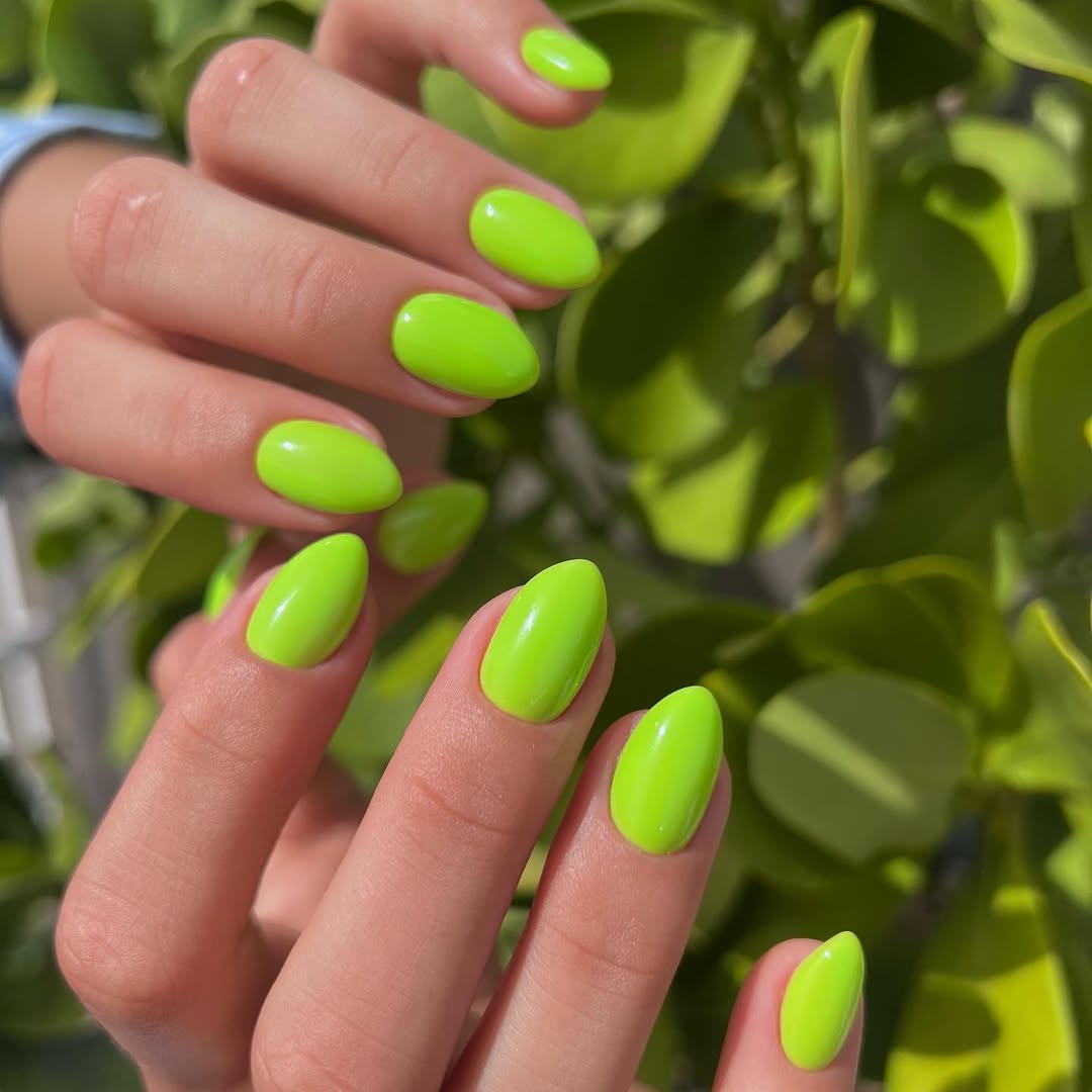 Vibrant Neon Lime Glossy Oval Nails