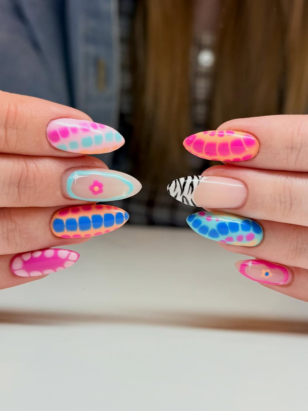 Vibrant Neon Mismatched Almond Nails
