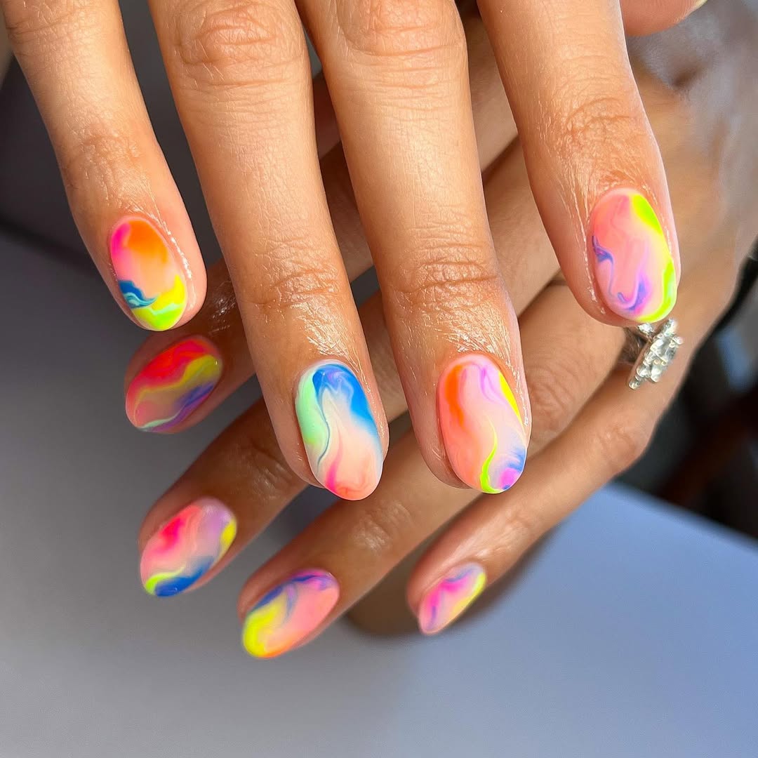 Vibrant Neon Swirl Aura Short Round Nails