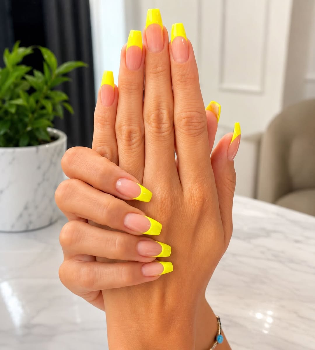Vibrant Neon Yellow French Tip Coffin Nails