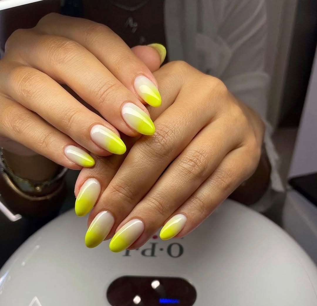 Vibrant Neon Yellow Ombre Almond Nails