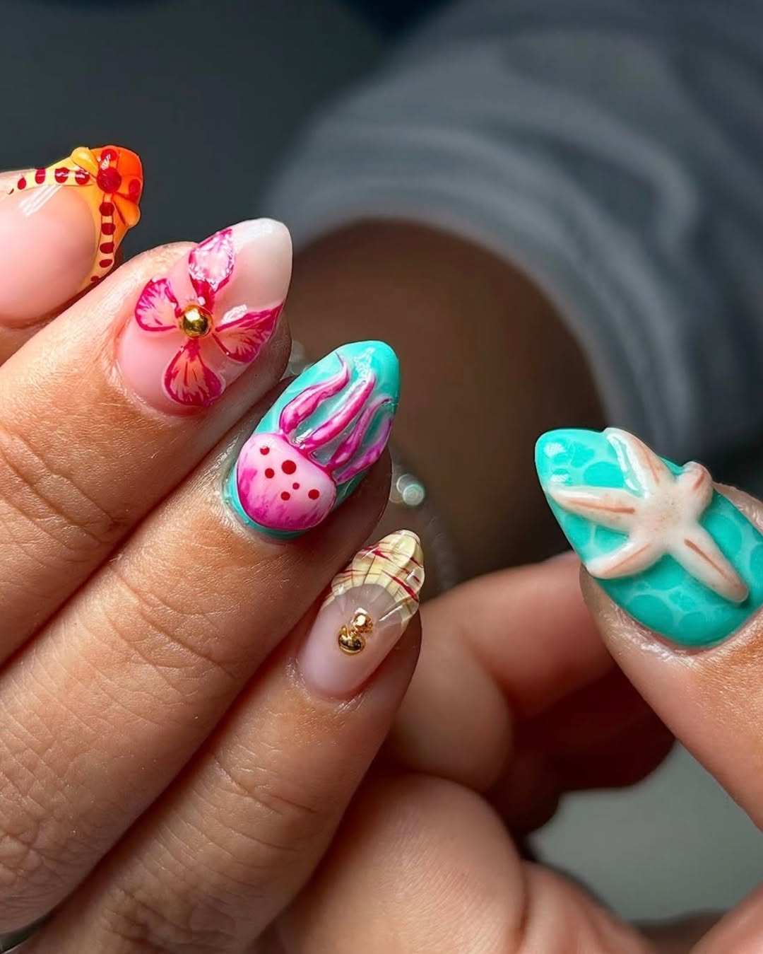 Vibrant Ocean Themed 3D Nail Art