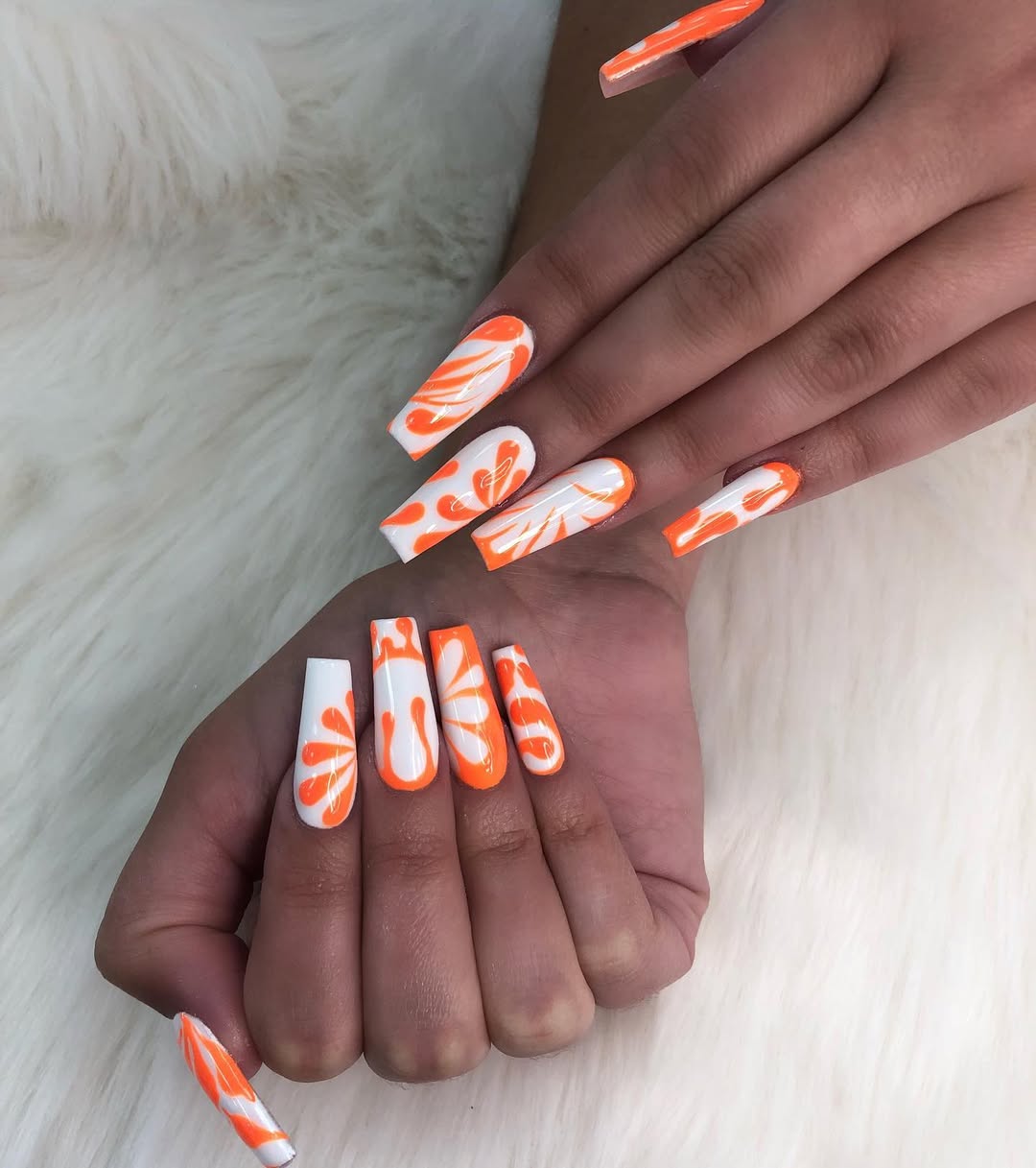 Vibrant Orange and White Swirl Coffin Nails
