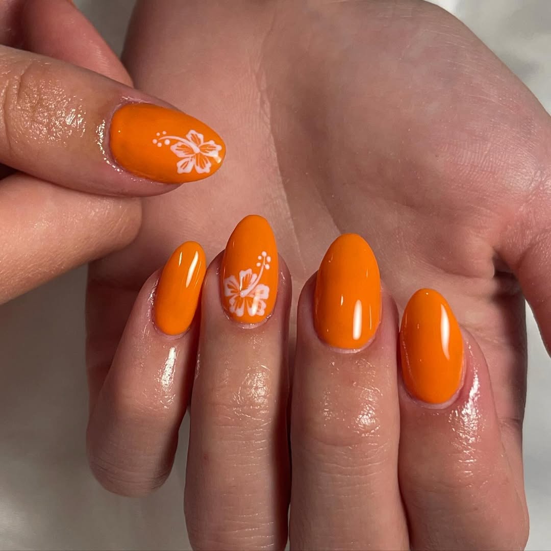 Vibrant Orange Hibiscus Almond Nails