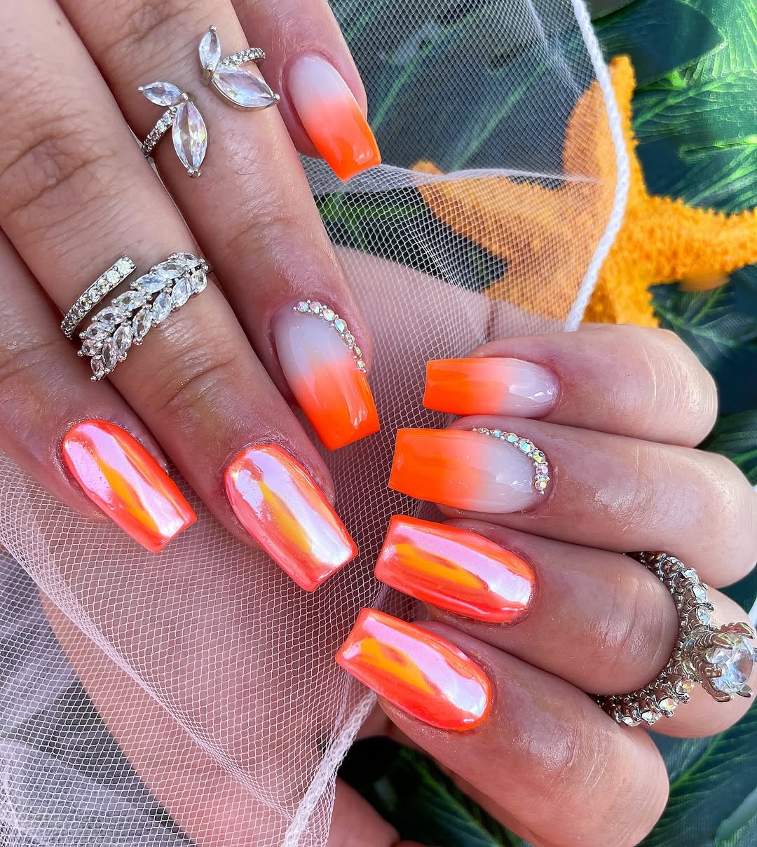 Vibrant Orange Ombre and Iridescent Chrome Coffin Nails