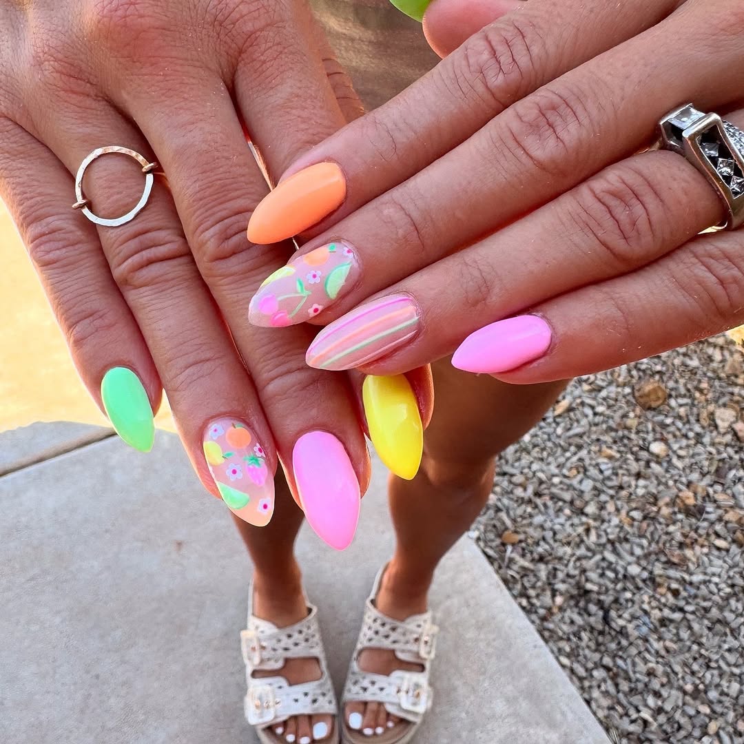 Vibrant Pastel Fruity Stripes Almond Nails