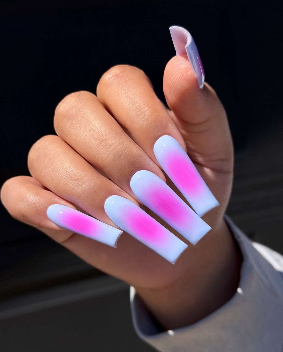 Vibrant Pastel Pink Blue Aura Long Coffin Nails