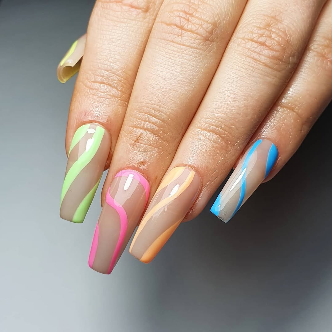 Vibrant Pastel Swirls Nude Coffin Nails
