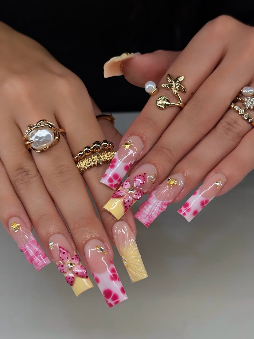 Vibrant Pink And Yellow Floral Long Coffin Nails
