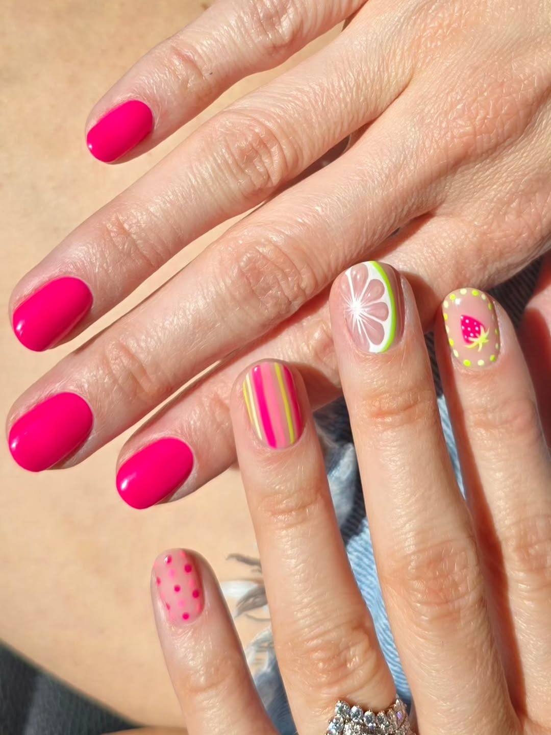 Vibrant Pink Fruit and Stripe Summer Nails