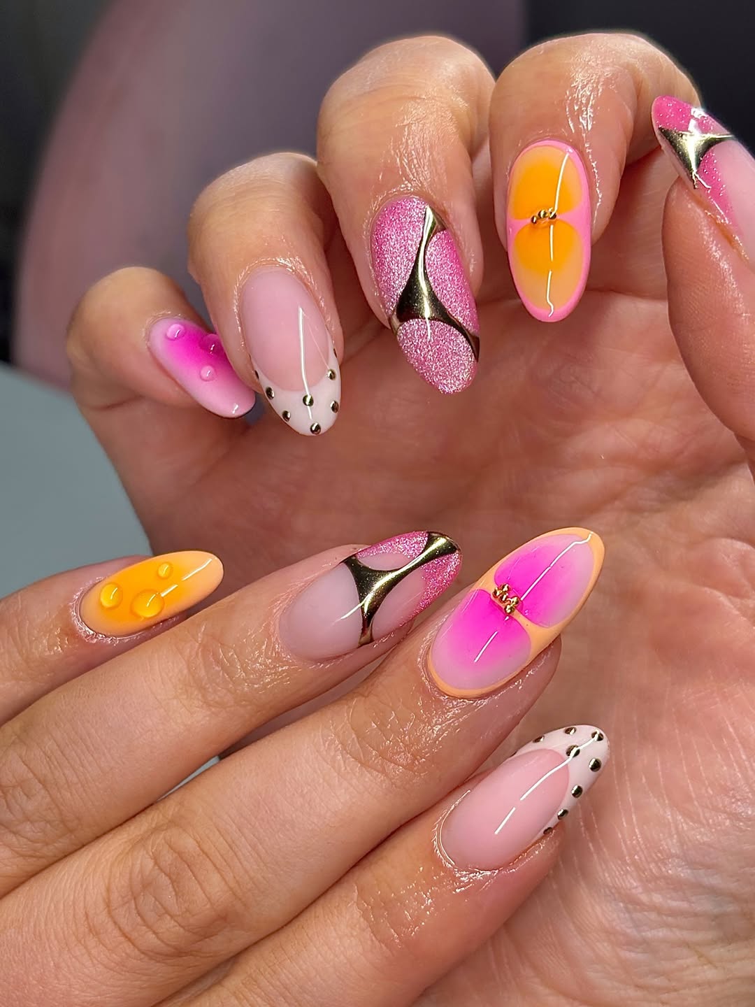 Vibrant Pink Orange Flower French Tip Almond Nails