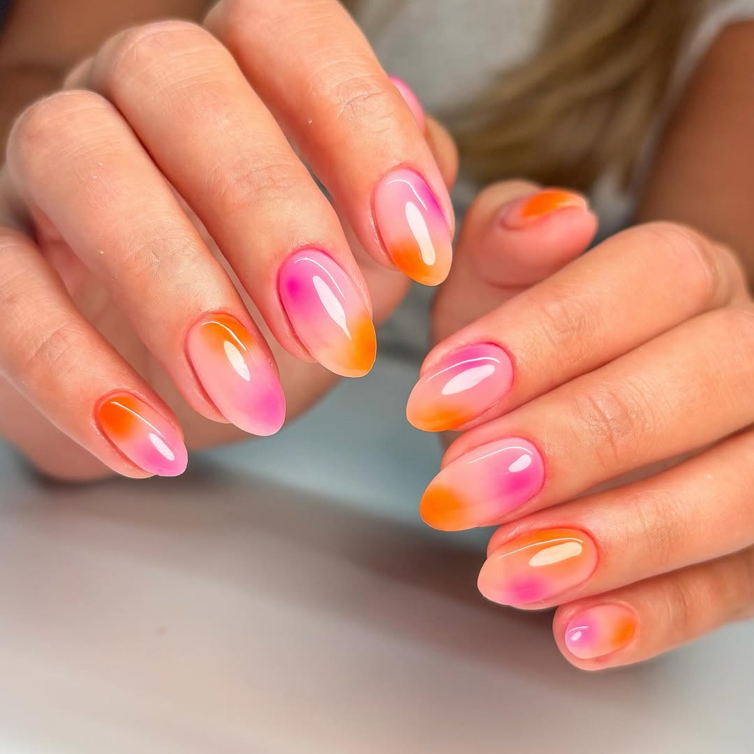 Vibrant Pink Orange Ombre Glossy Oval Nails