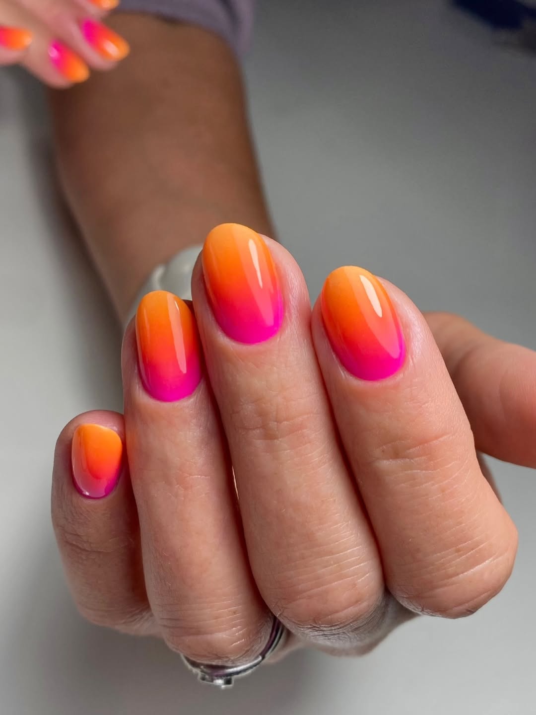 Vibrant Pink Orange Ombre Glossy Oval Nails