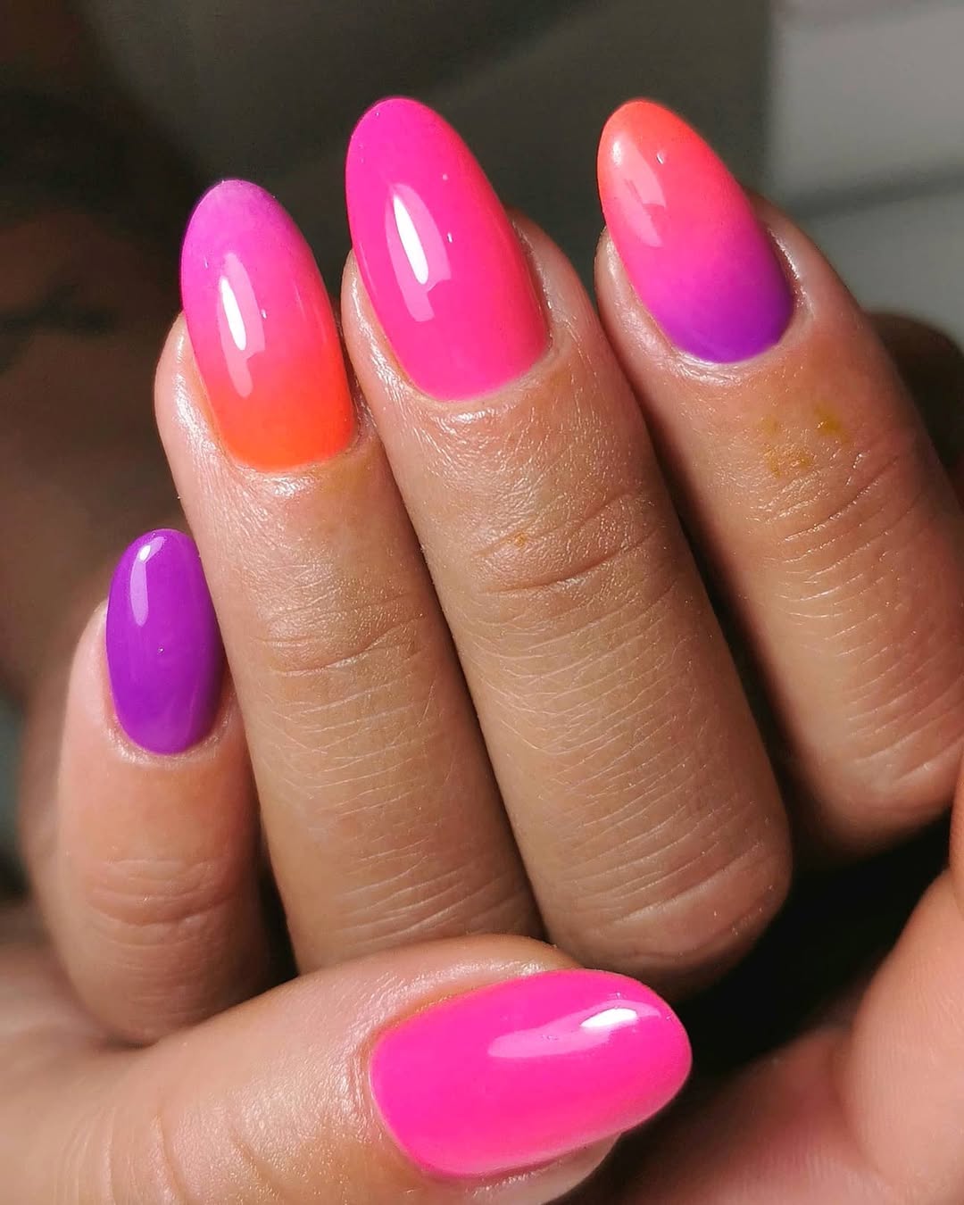 Vibrant Pink Orange Purple Ombre Almond Nails