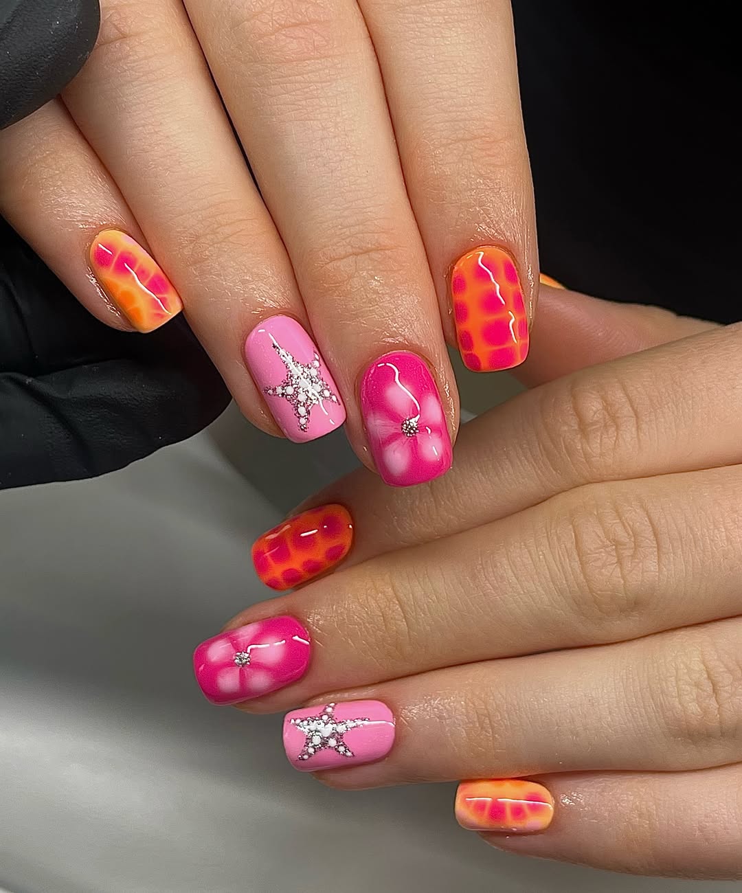 Vibrant Pink Orange Summer Square Nails With Art