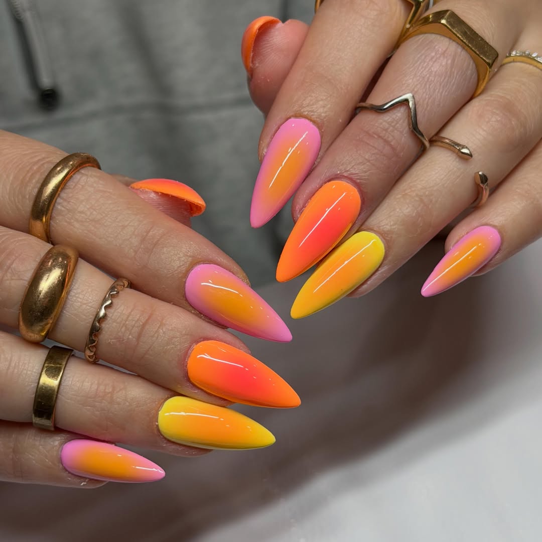 Vibrant Pink Orange Yellow Ombré Stiletto Nails
