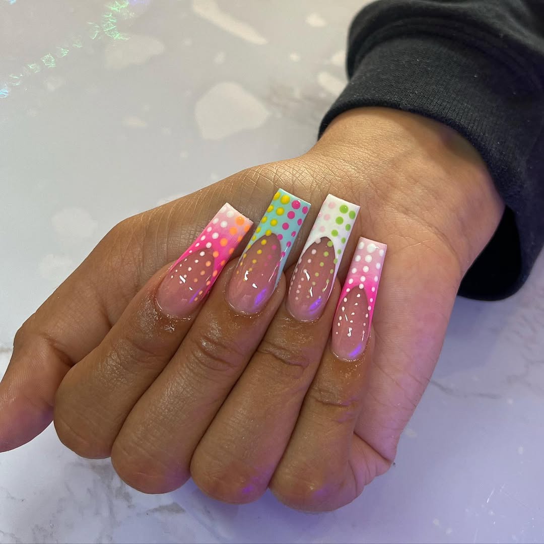 Vibrant Polka Dot Ombre French Tips